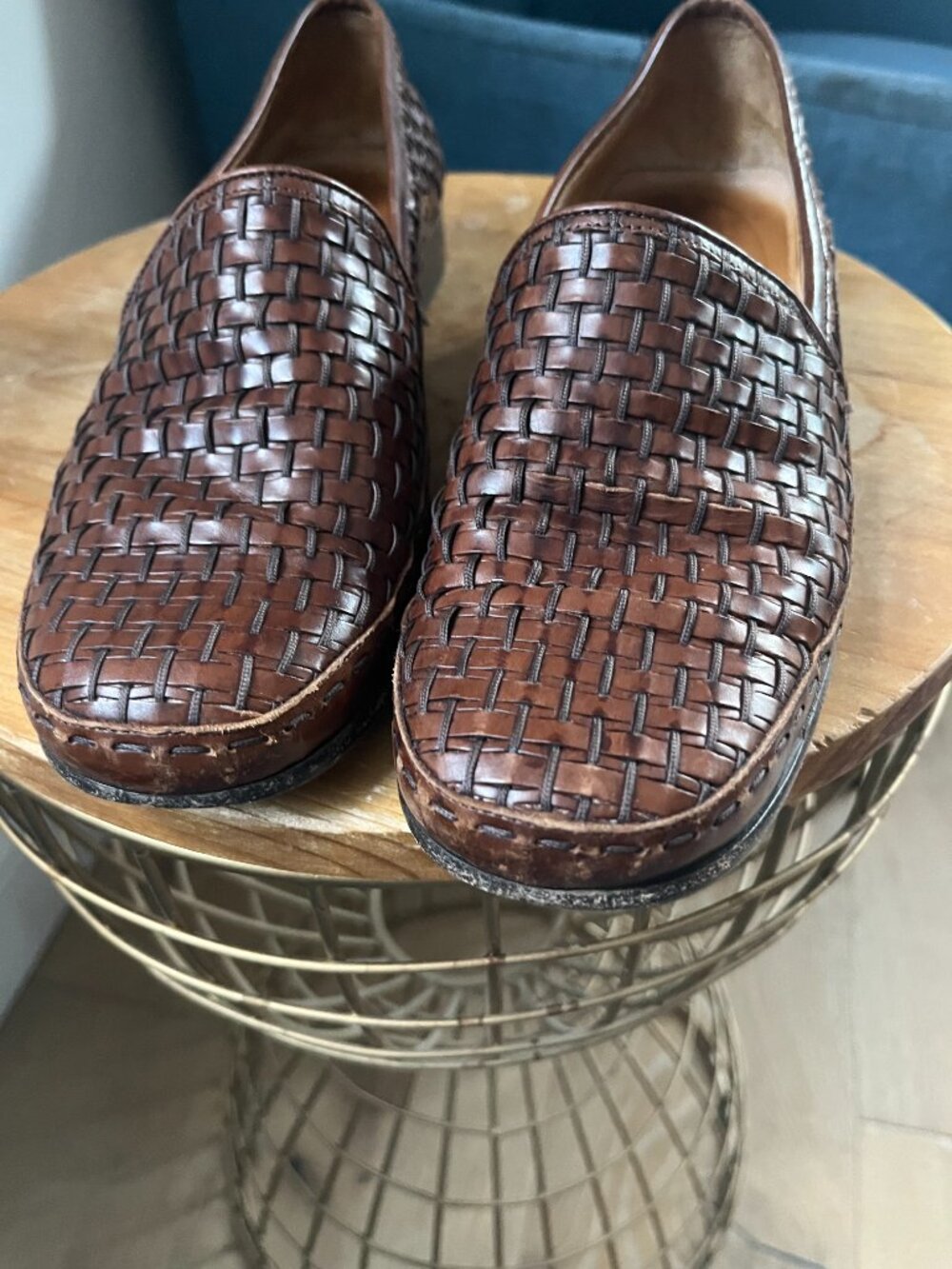 Vintage Cole Haan Woven Leather Loafers 8 Brown Made in Italy Intrecciato Basket